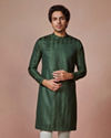 alt message - Manyavar Men Olive Green Self Striped Kurta image number 0