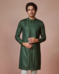 Manyavar Men Olive Green Self Striped Kurta