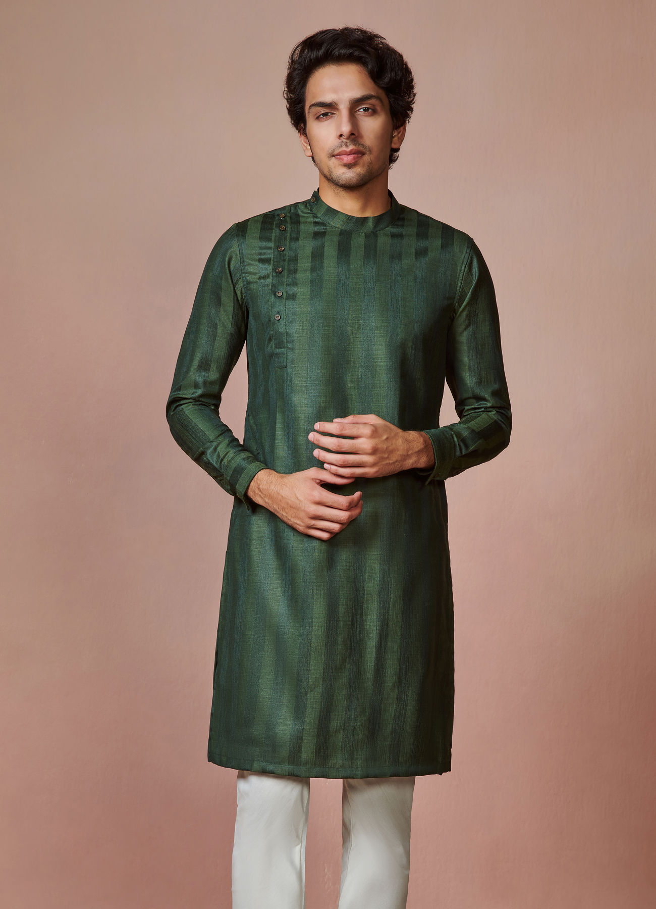 Manyavar Men Olive Green Self Striped Kurta