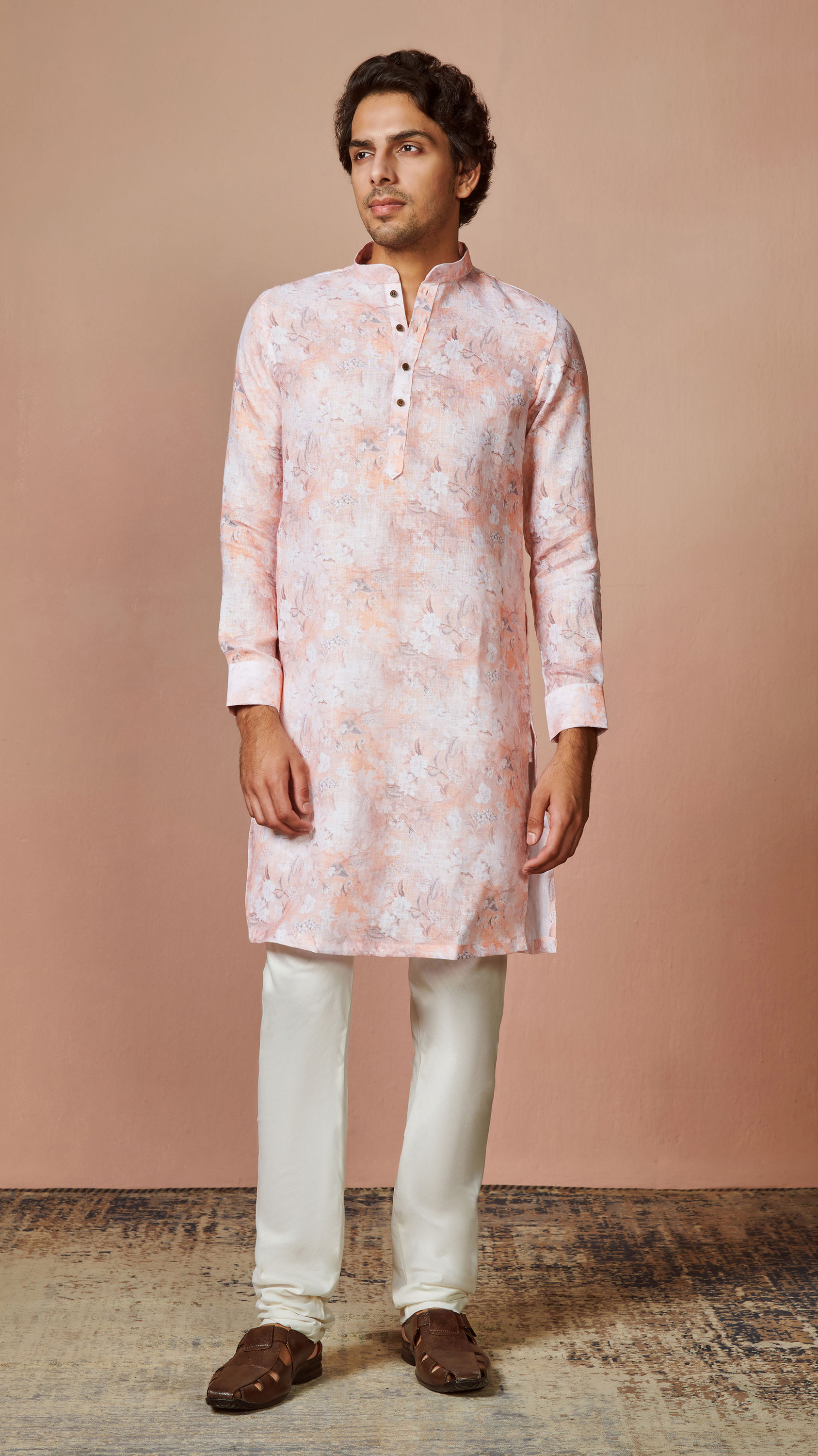 Manyavar Men Light Pink Floral Kurta