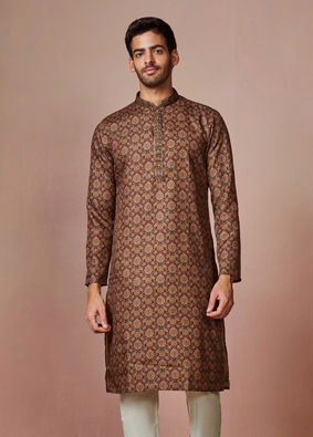 Manyavar Men Dark Brown Printed Kurta Churidar