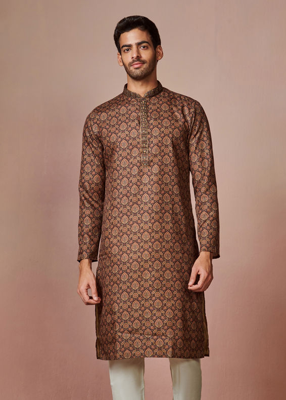 Manyavar Men Dark Brown Printed Kurta Churidar