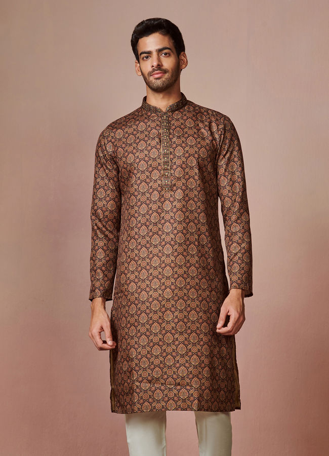 alt message - Manyavar Men Dark Brown Printed Kurta image number 1