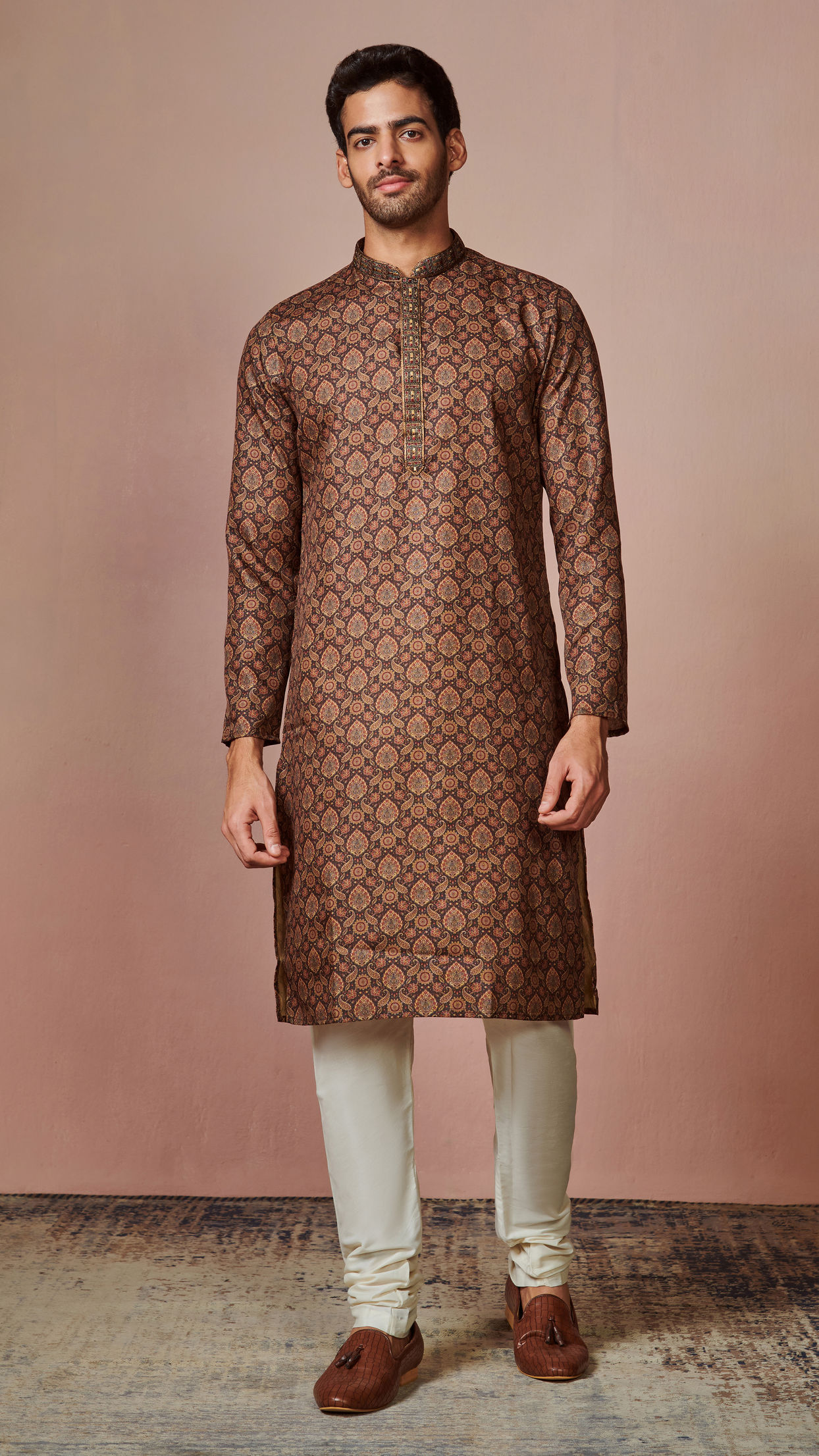 Manyavar Men Dark Brown Printed Kurta Churidar