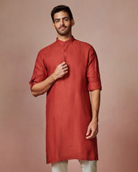 Manyavar Men Rust Red Self Design Kurta