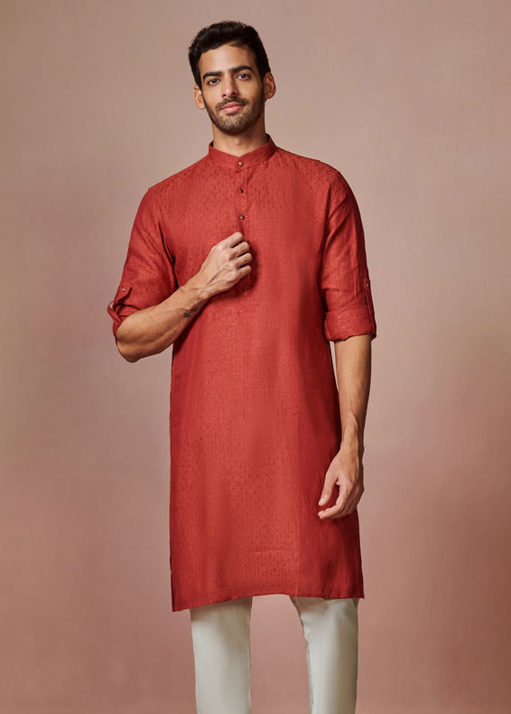 Manyavar Men Rust Red Self Design Kurta