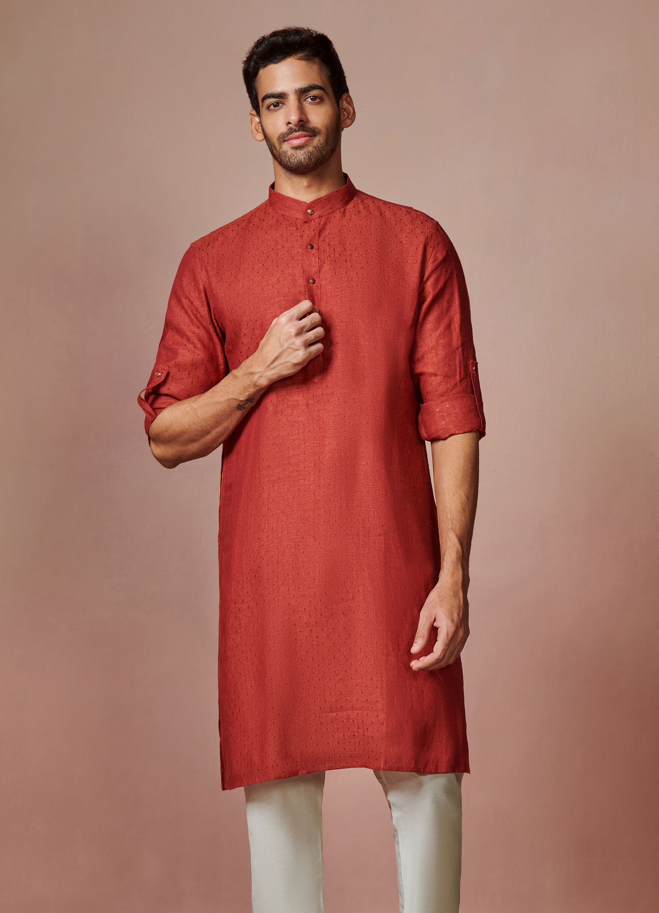 Manyavar Men Rust Red Self Design Kurta