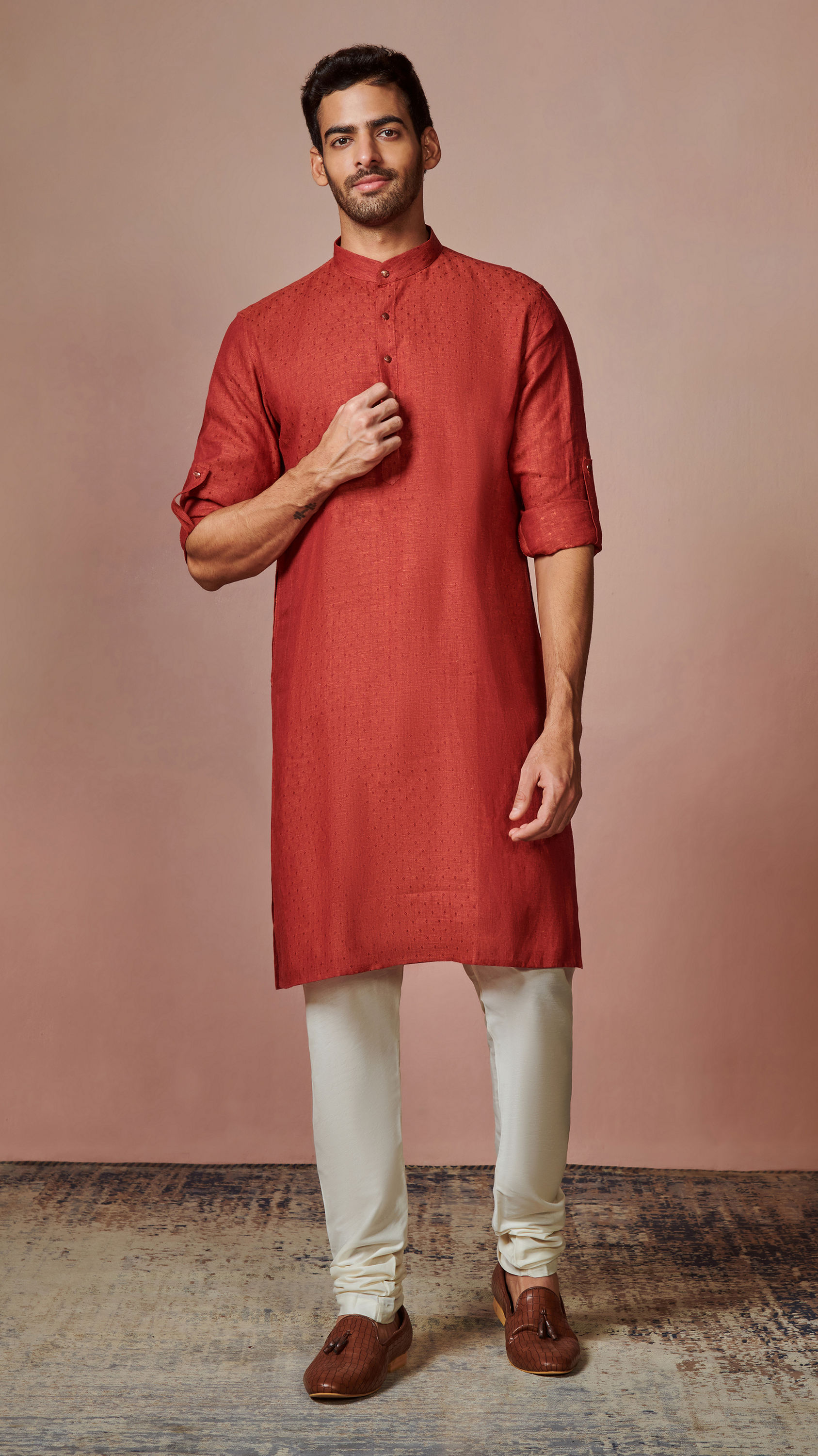 Manyavar Men Rust Red Self Design Kurta