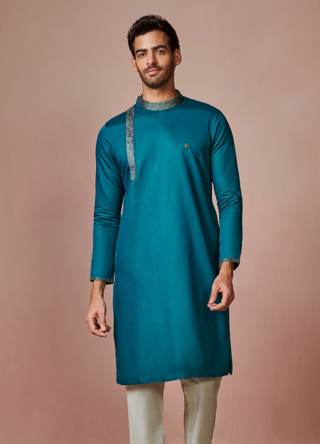 Manyavar Men Dark Green Side Open Kurta