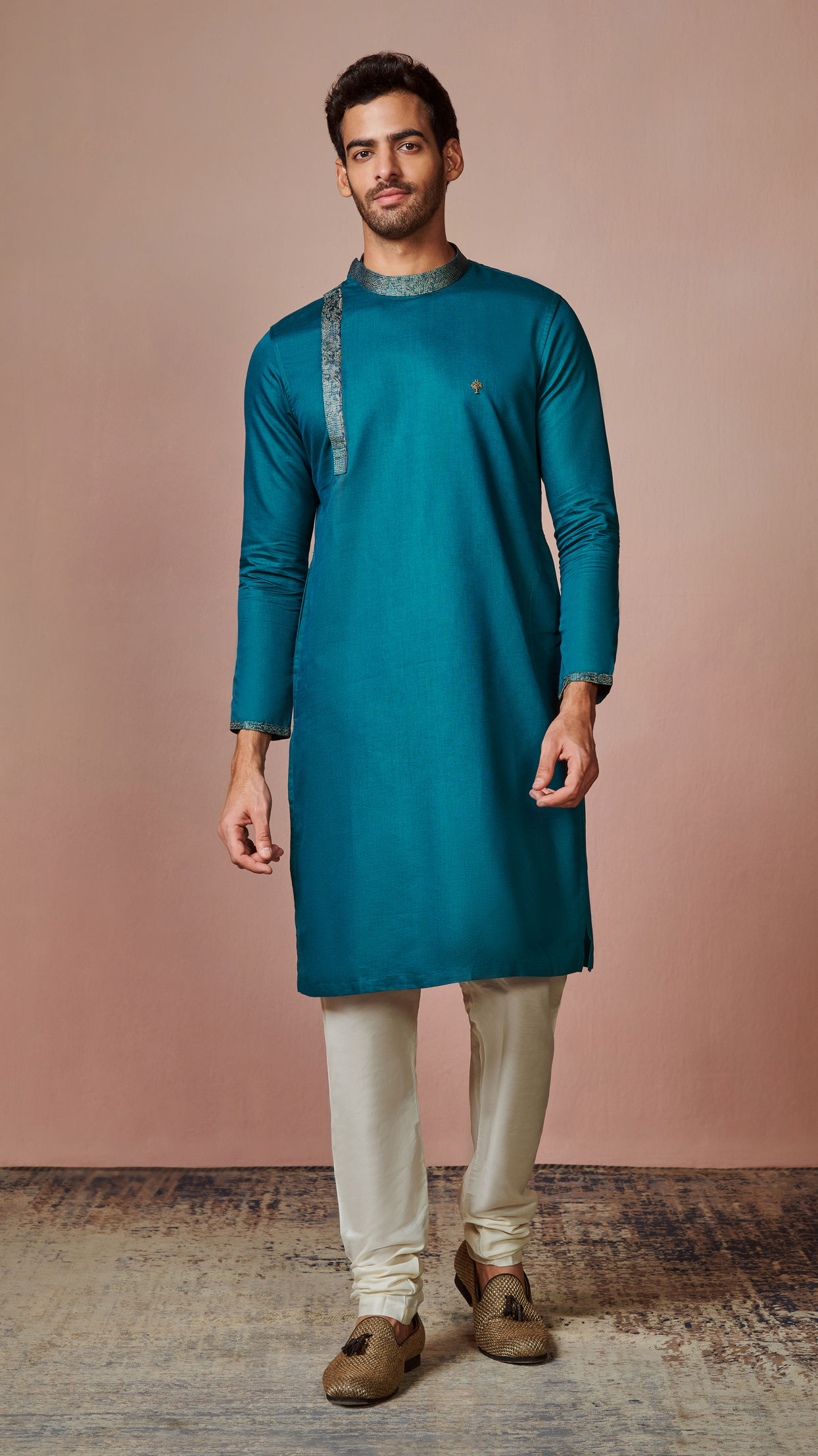 Manyavar Men Dark Green Side Open Kurta
