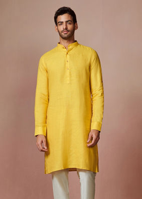 Manyavar Men Mustard Yellow Self Design Kurta