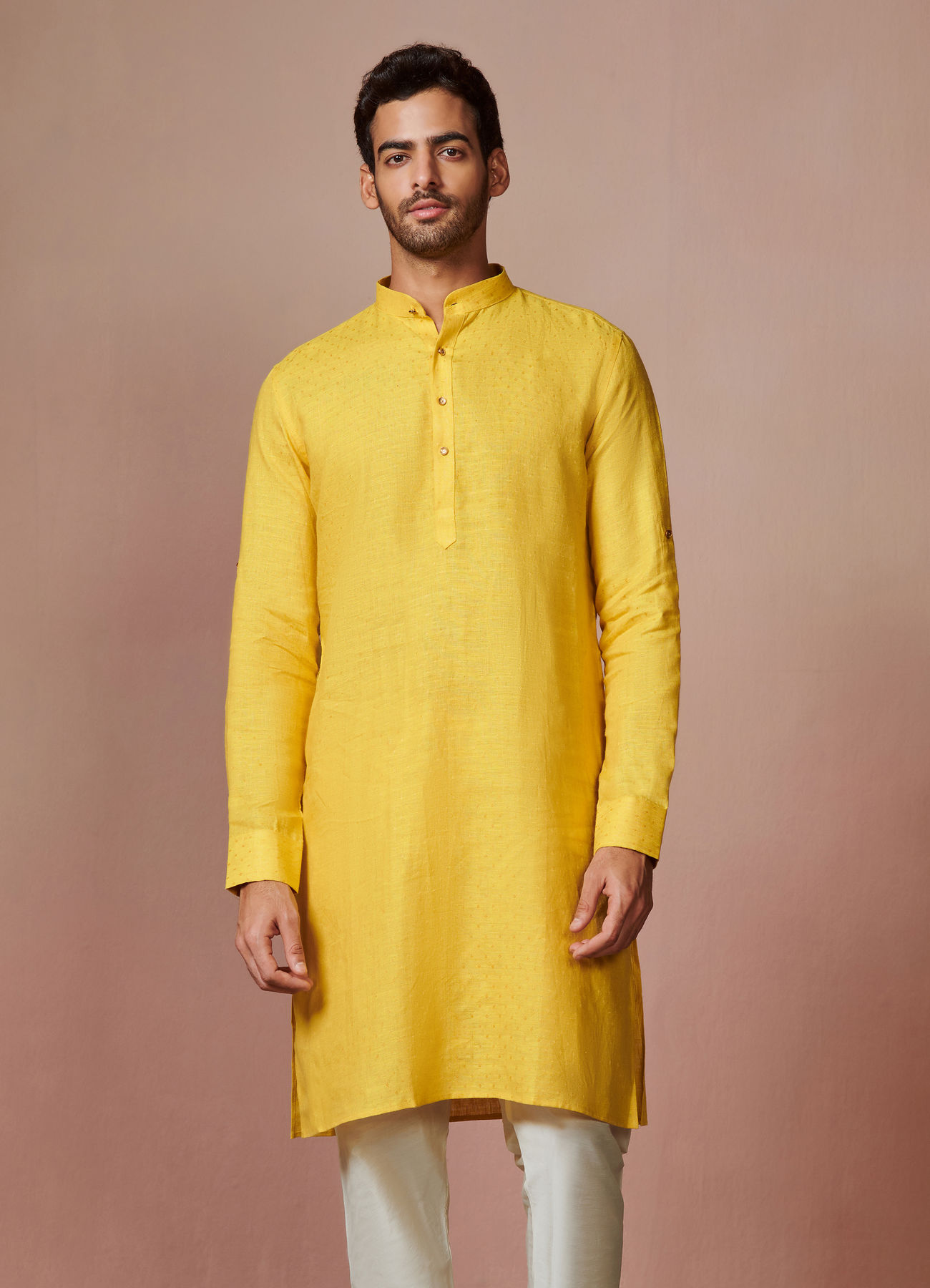 Manyavar Men Mustard Yellow Self Design Kurta