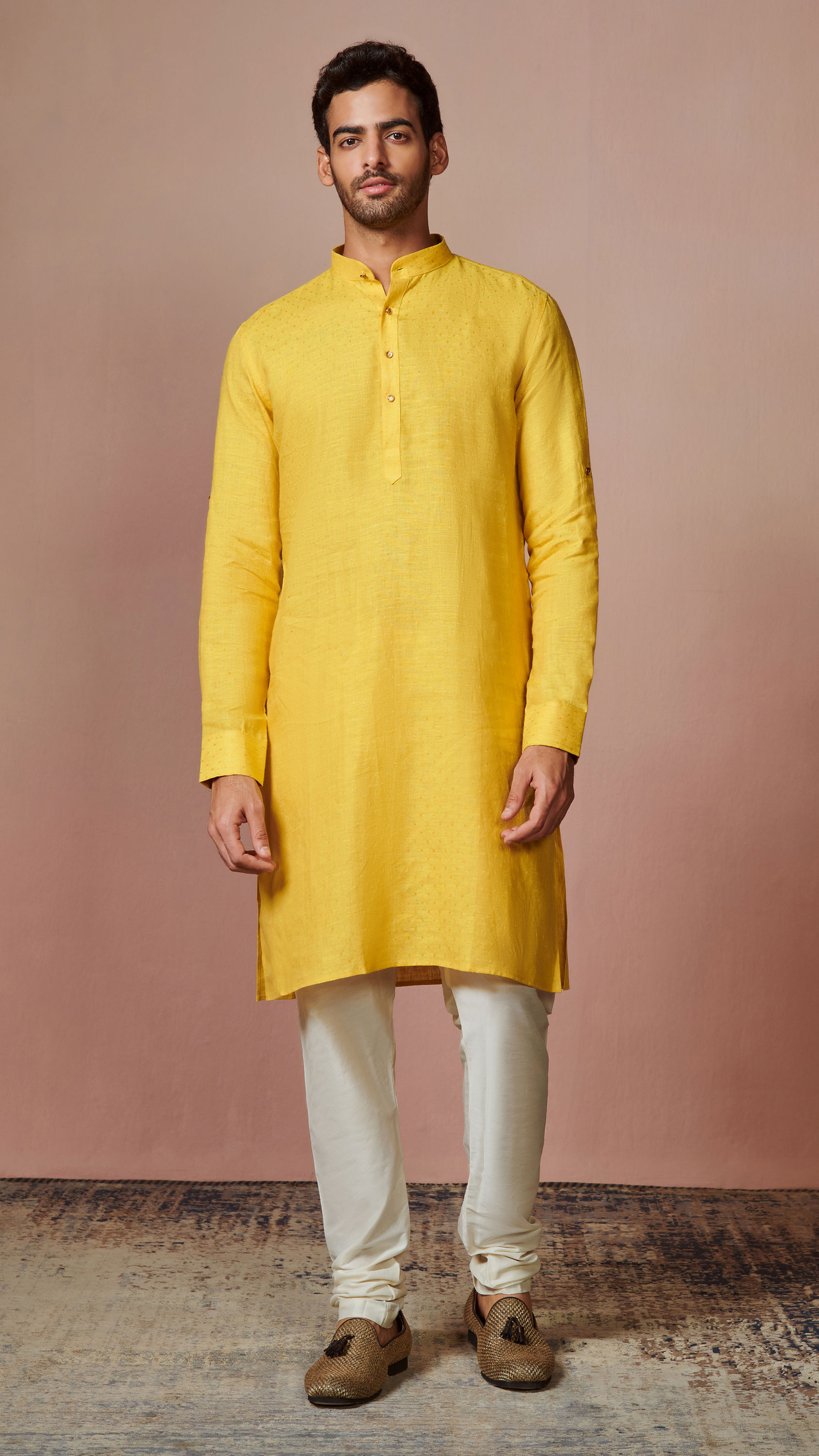 Manyavar Men Mustard Yellow Self Design Kurta