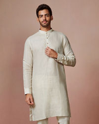 Manyavar Men Light Cream Self Striped Kurta