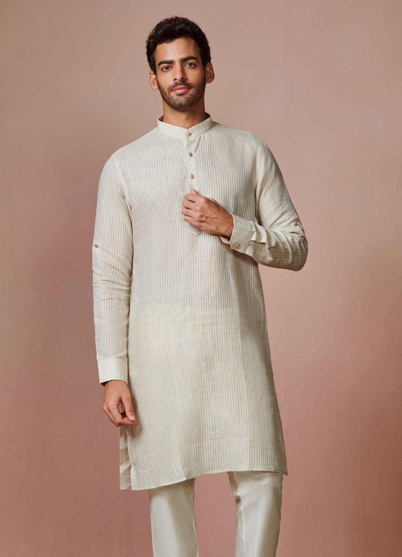 Manyavar Men Light Cream Self Striped Kurta