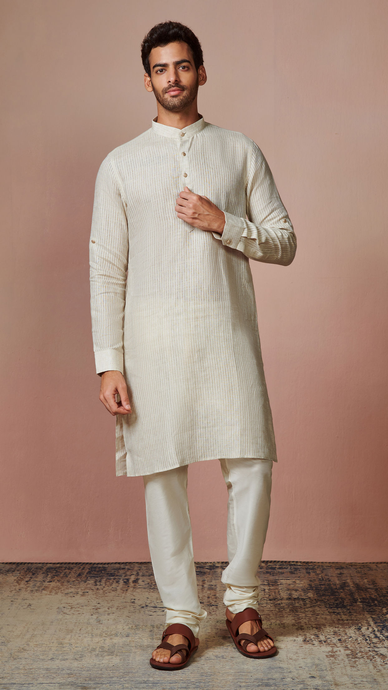 alt message - Manyavar Men Light Cream Self Striped Kurta image number 1