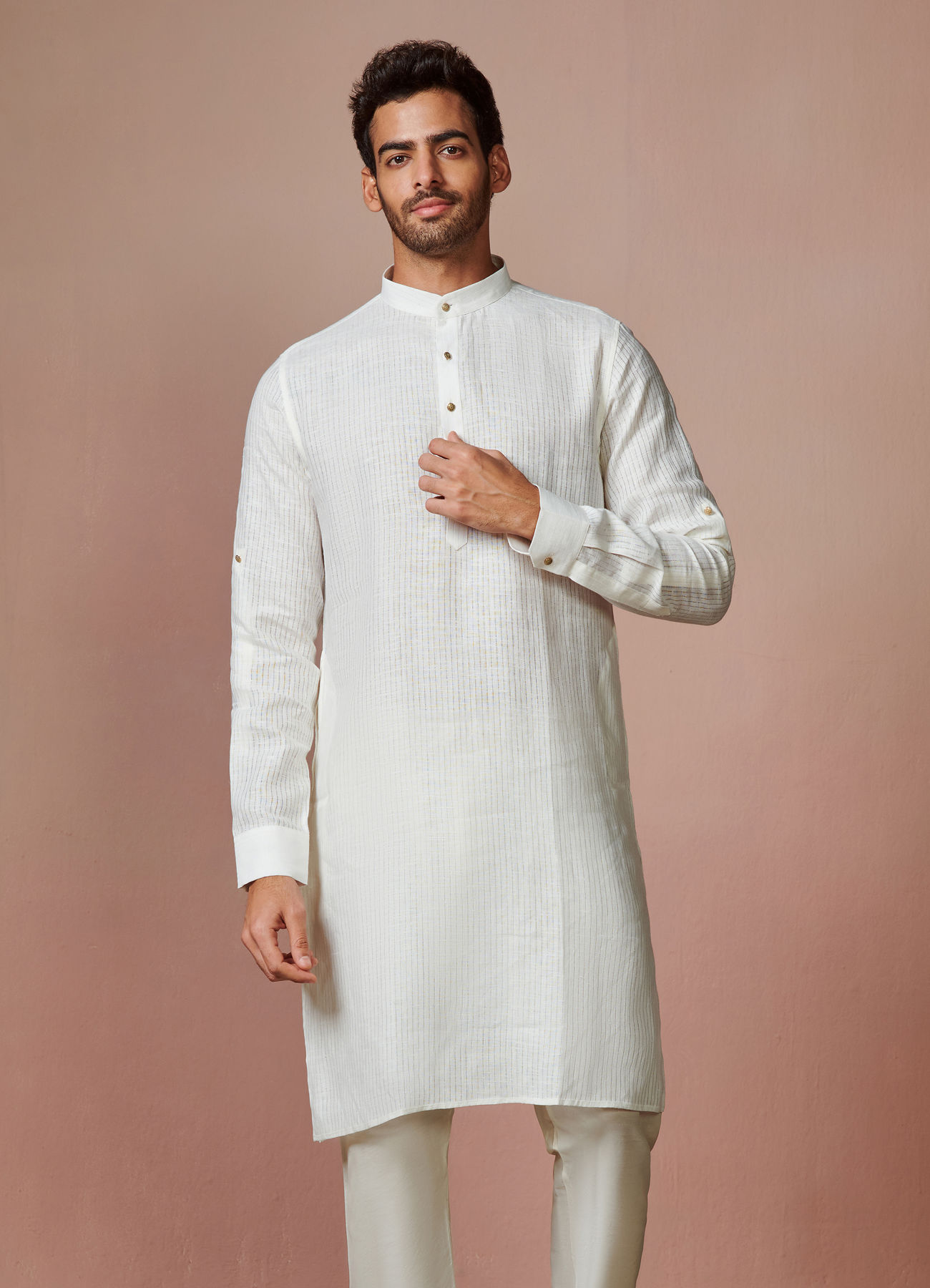 Manyavar Men Off White Self Striped Kurta