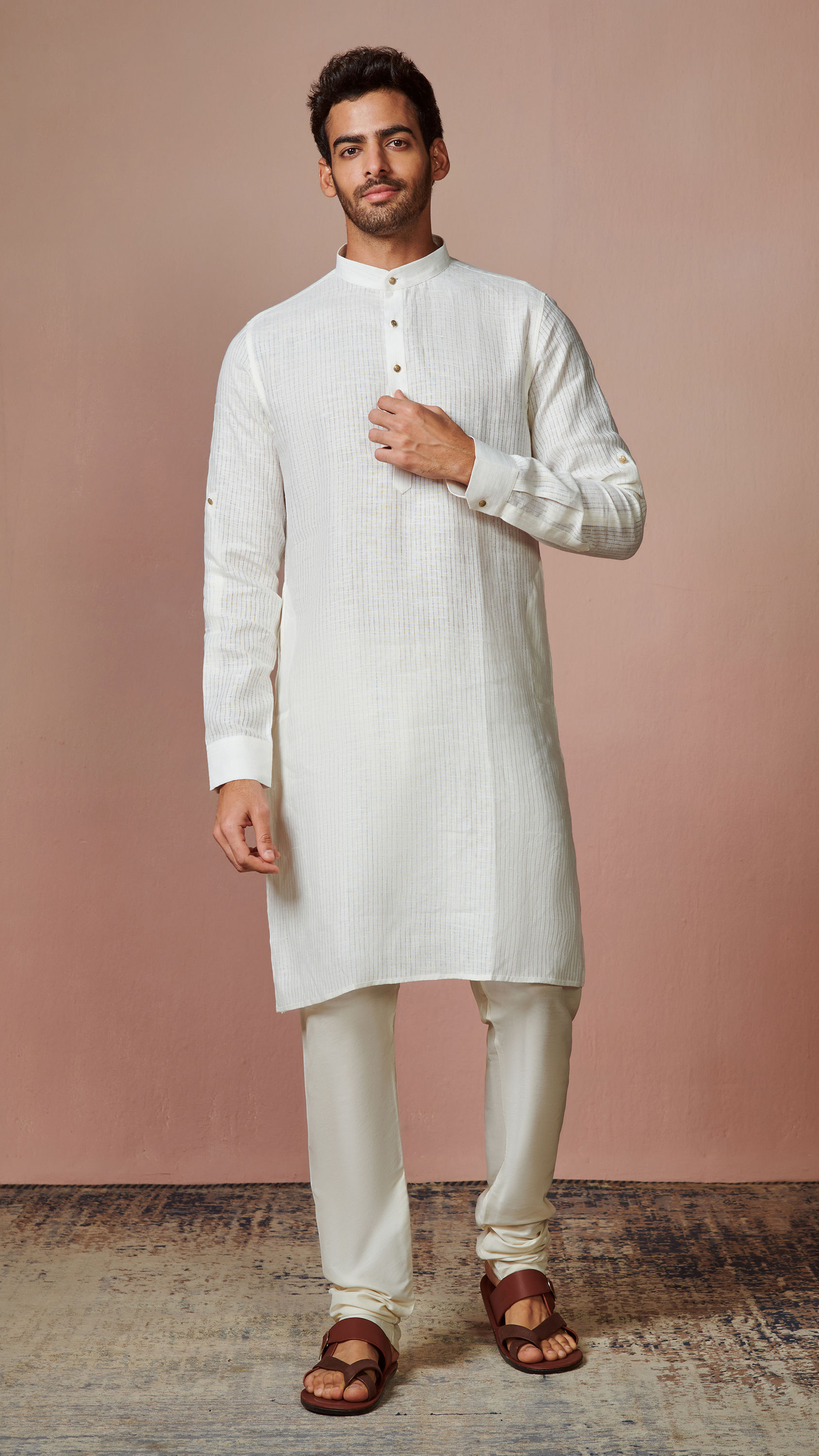 Manyavar Men Off White Self Striped Kurta