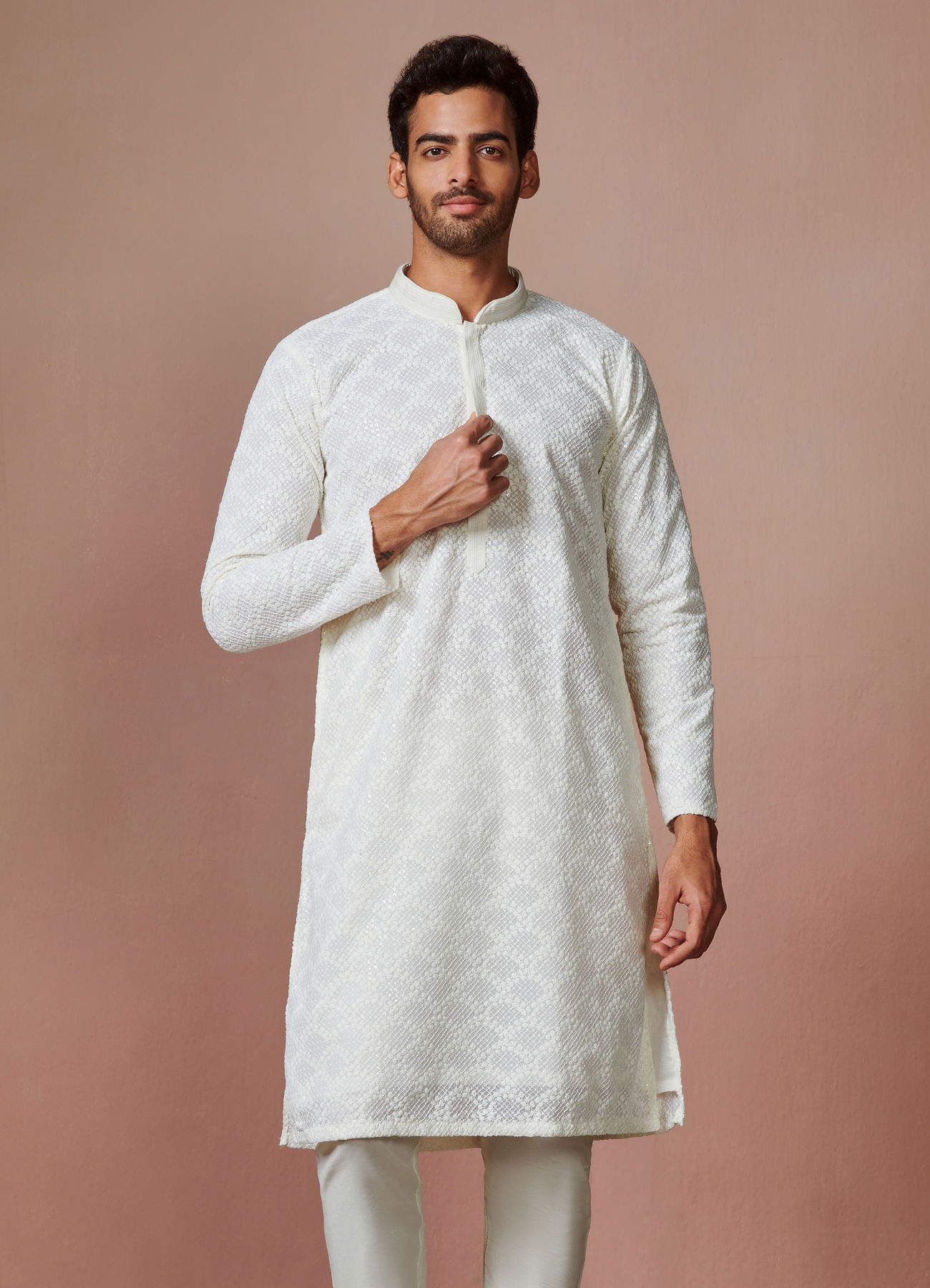 Manyavar Men Off White Chikankari Kurta Set