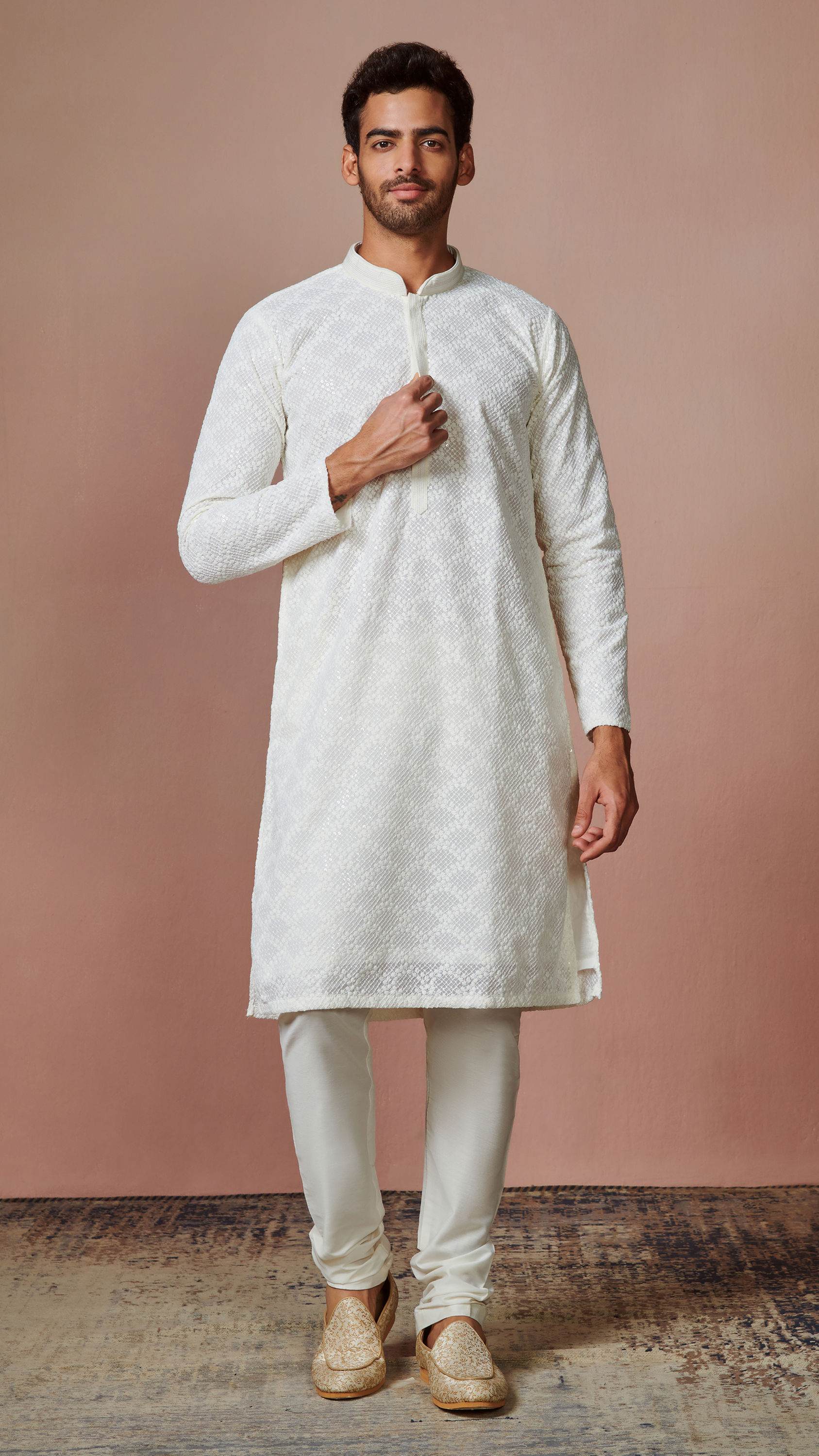 Manyavar Men Off White Chikankari Kurta Set