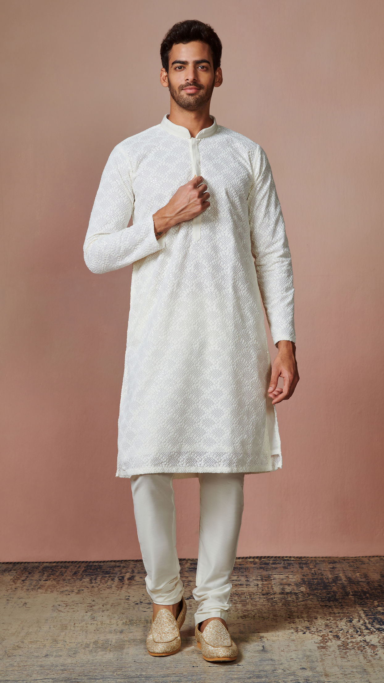 Manyavar Men Off White Chikankari Kurta Set