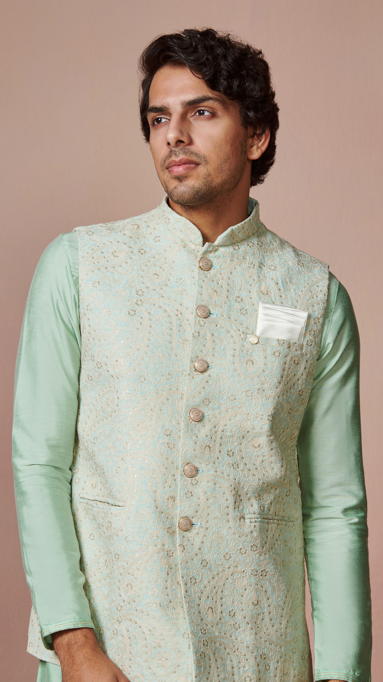 Buy Mint Green Paisley Jacket Online in India Manyavar Nehru Jacket