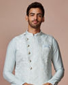 Manyavar Men Powder Blue Self Design Kurta Jacket Set