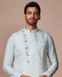 Manyavar Men Powder Blue Self Design Kurta Jacket Set