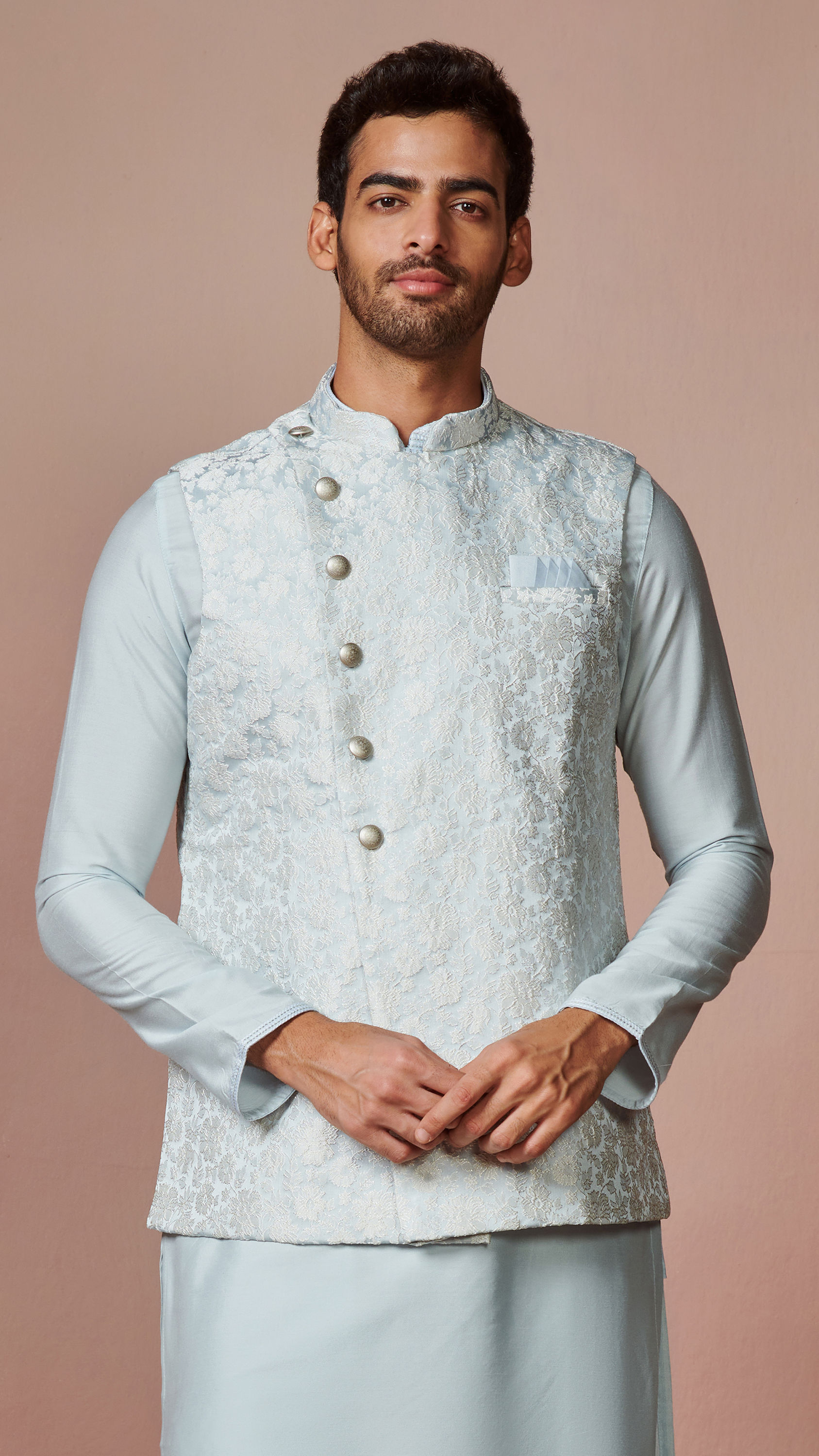 Manyavar Men Powder Blue Self Design Kurta Jacket Set