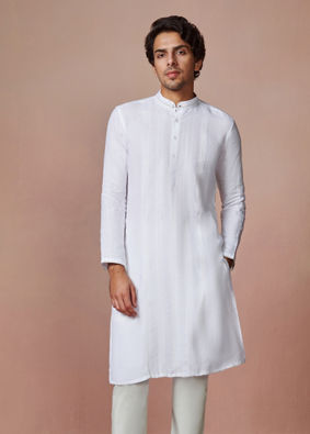 White Self Striped Kurta image number 1
