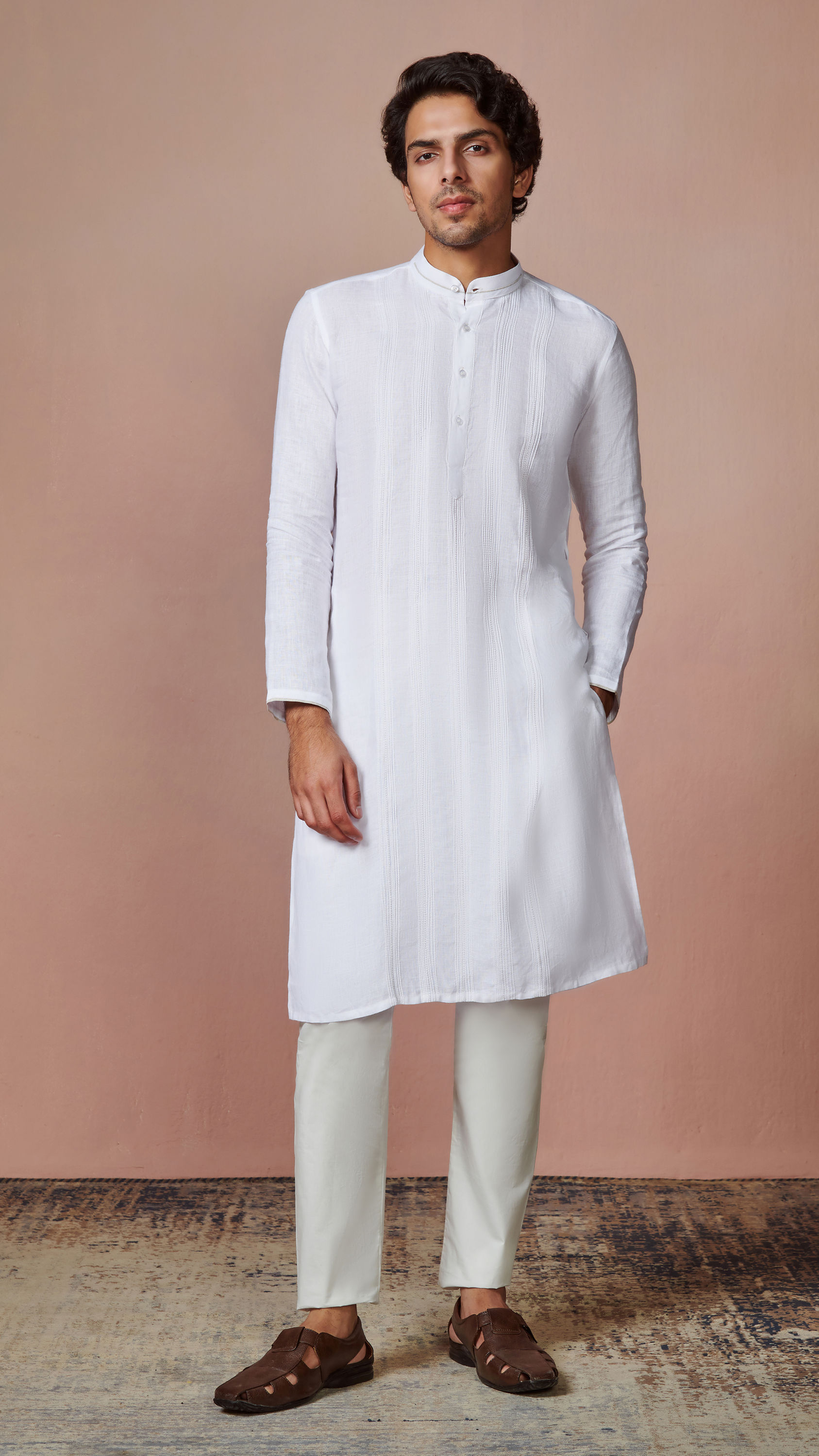 Manyavar Men White Self Striped Kurta