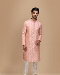 Manyavar Men Peach Jacquard Kurta Set