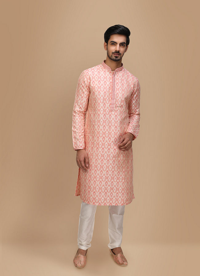 alt message - Manyavar Men Peach Jacquard Kurta Set image number 1