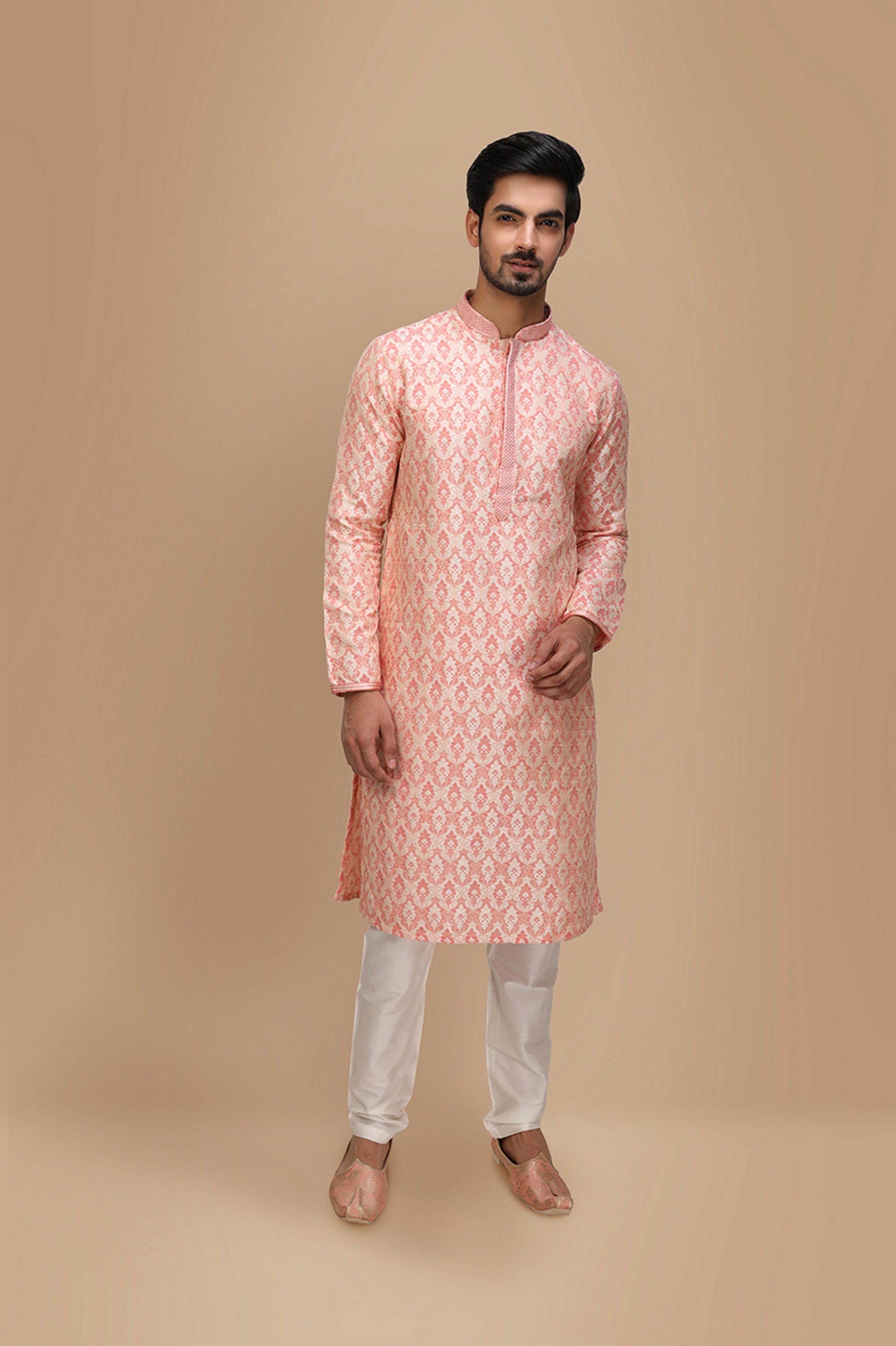 Manyavar Men Peach Jacquard Kurta Set