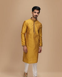 Manyavar Men Molten Gold Yellow Jacquard Kurta Set