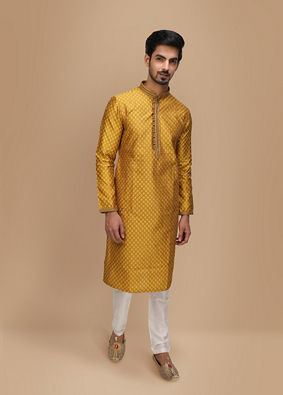 alt message - Manyavar Men Molten Gold Yellow Jacquard Kurta Set image number 1