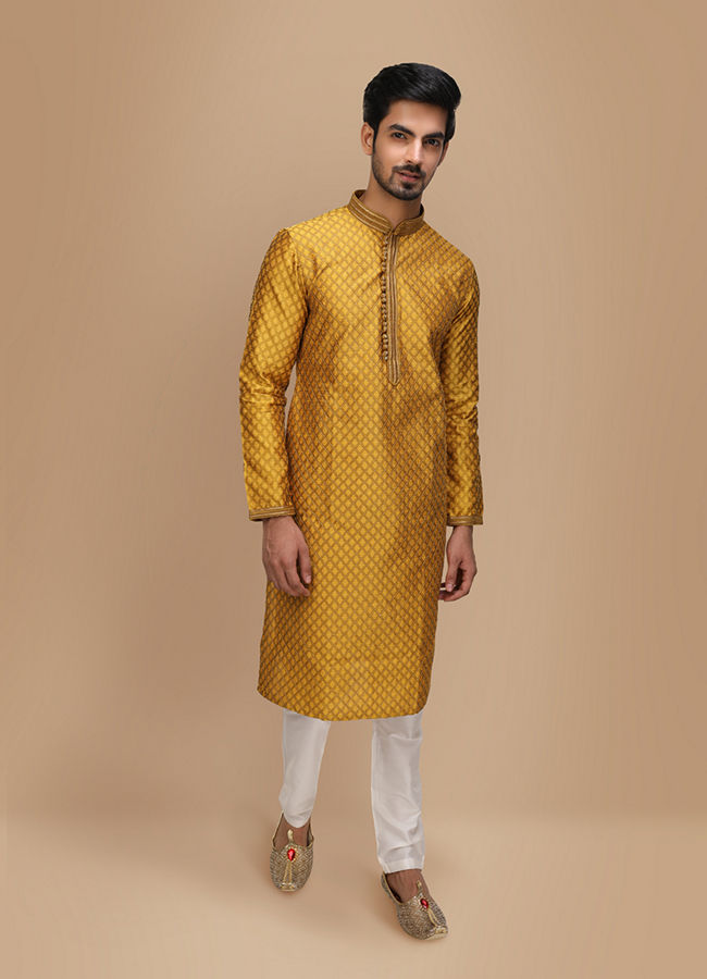 alt message - Manyavar Men Molten Gold Yellow Jacquard Kurta Set image number 1