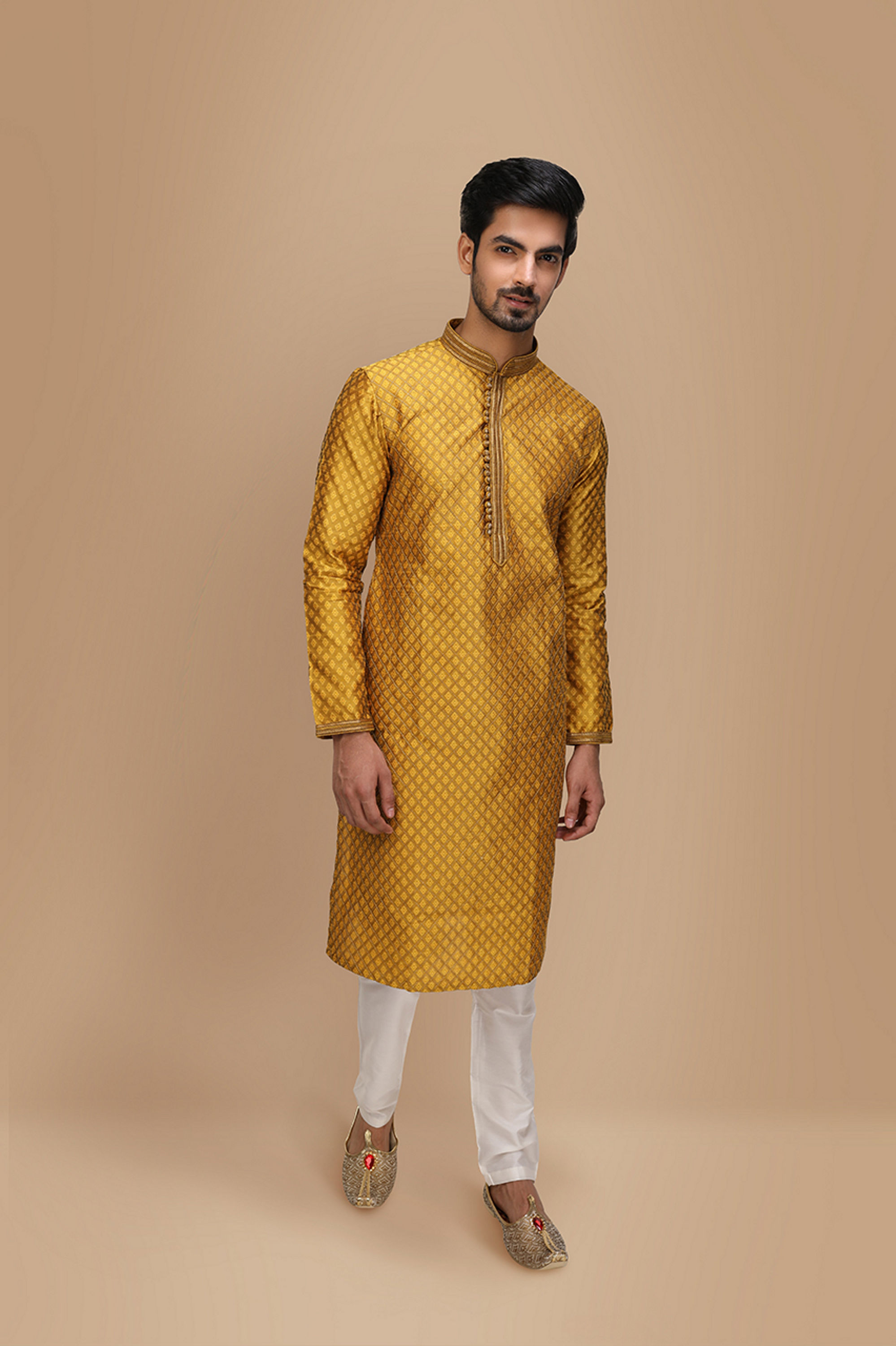 Manyavar Men Molten Gold Yellow Jacquard Kurta Set