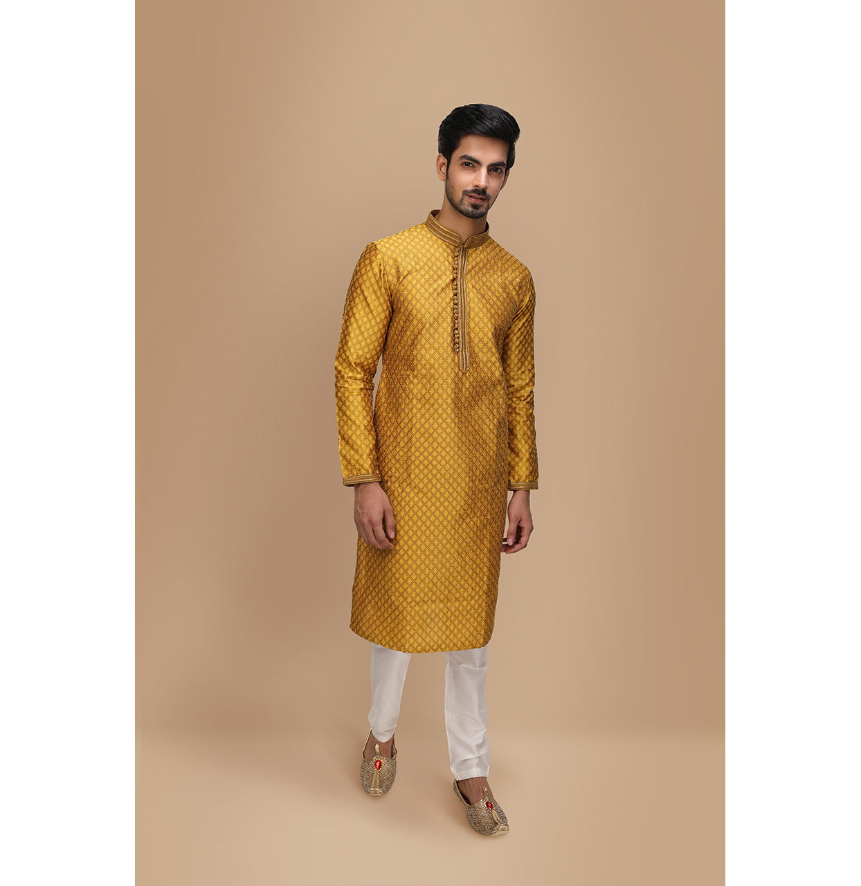 alt message - Manyavar Men Molten Gold Yellow Jacquard Kurta Set image number 1