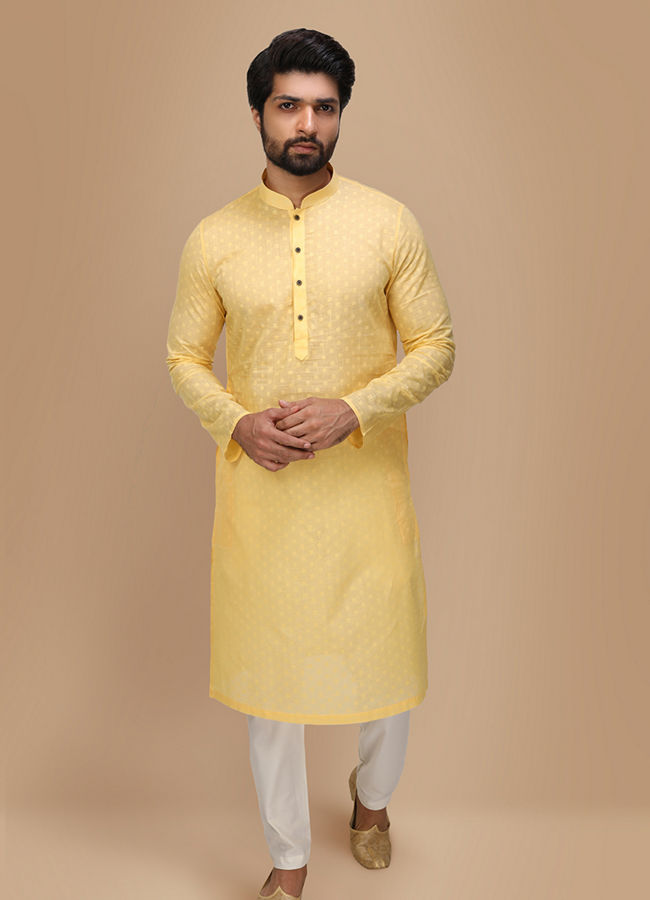 alt message - Manyavar Men Light Yellow Self Booti Motif Kurta Set image number 1