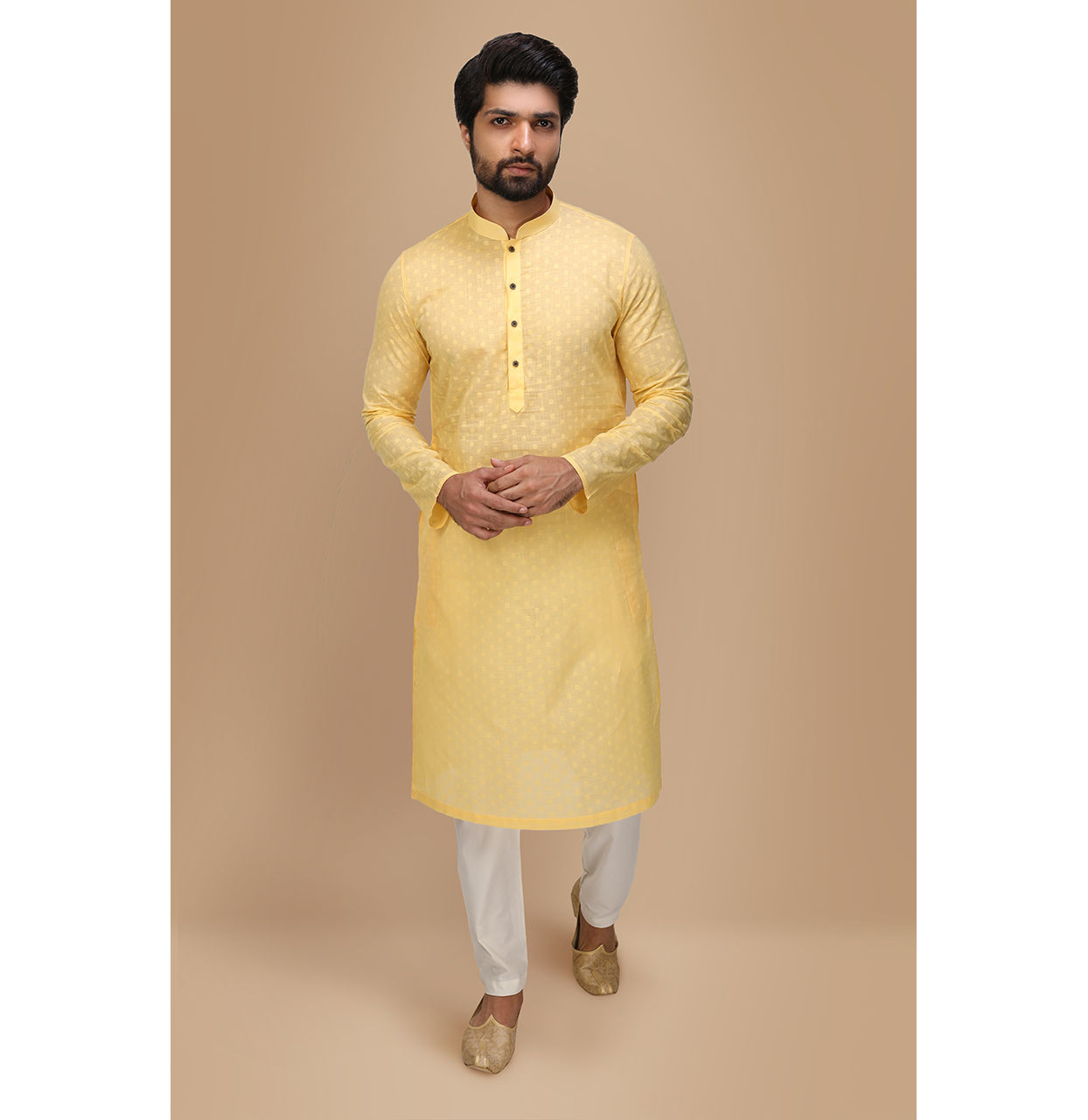 alt message - Manyavar Men Light Yellow Self Booti Motif Kurta Set image number 1