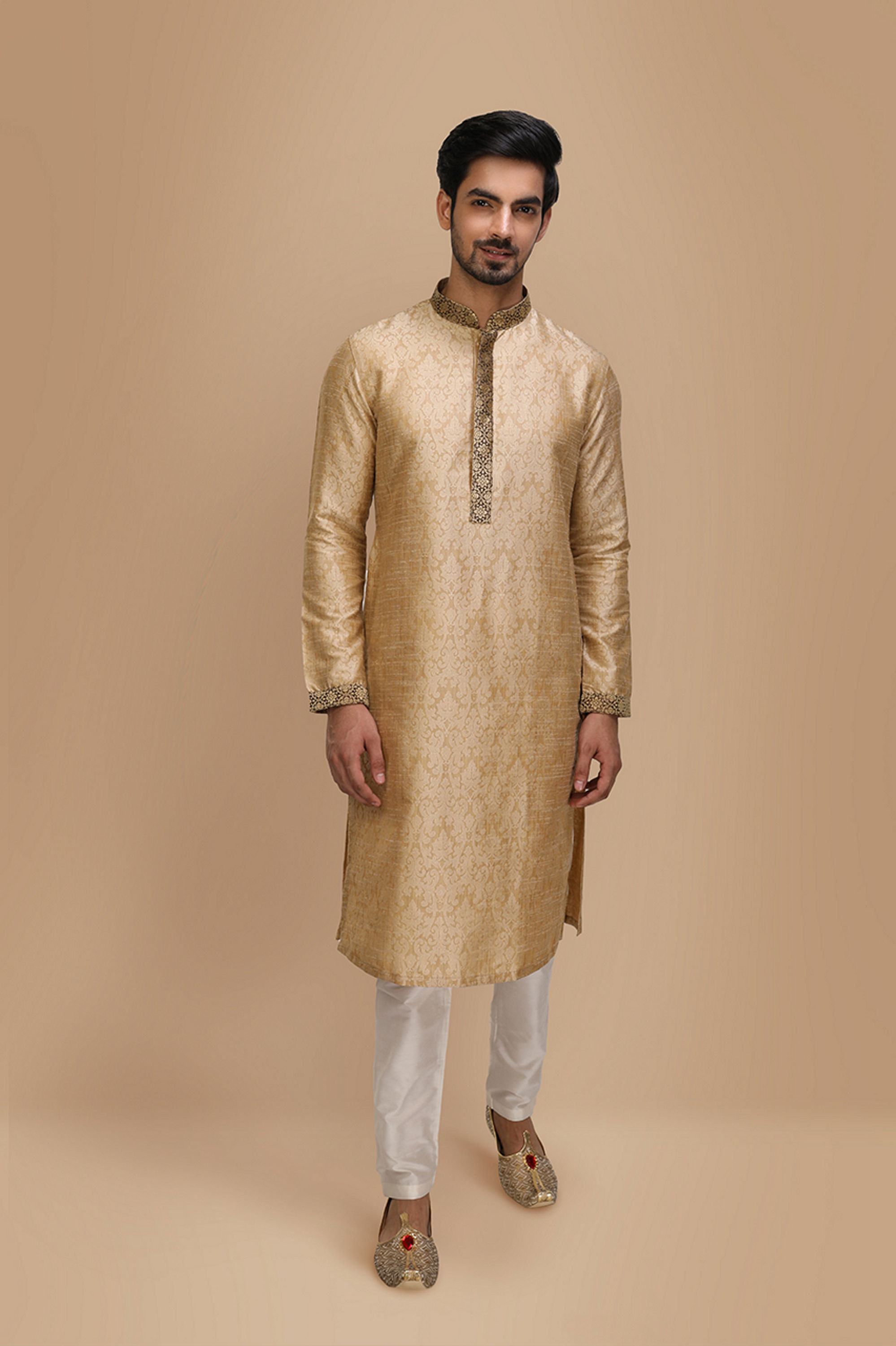 Manyavar Men Beige Jacquard Kurta Set