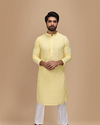 Manyavar Men Light Yellow Chikankari Kurta Set