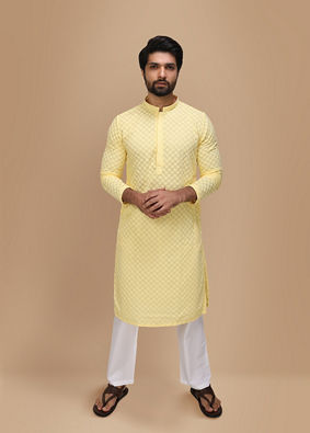 alt message - Manyavar Men Light Yellow Chikankari Kurta Set image number 1