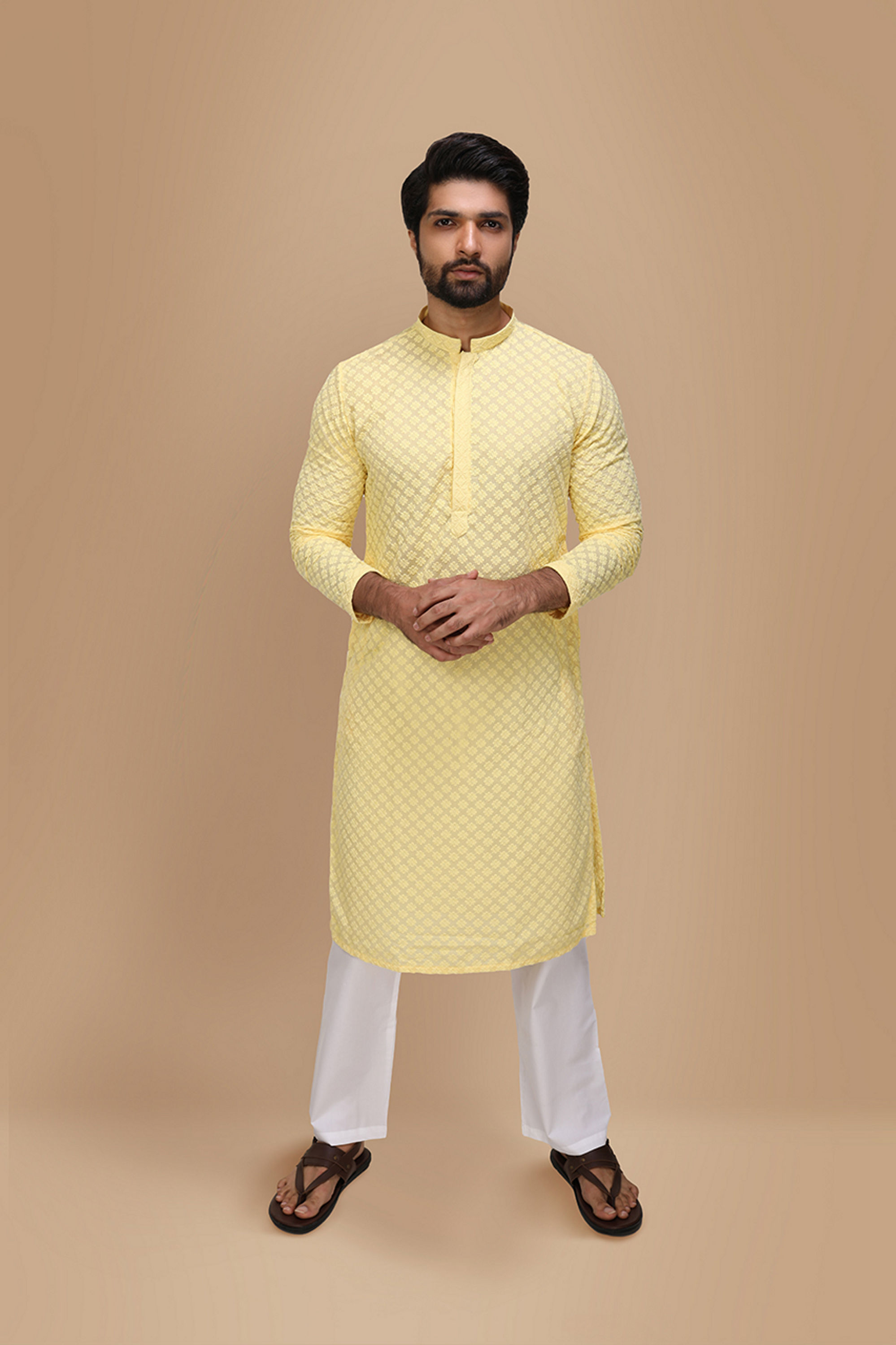 Manyavar Men Light Yellow Chikankari Kurta Set