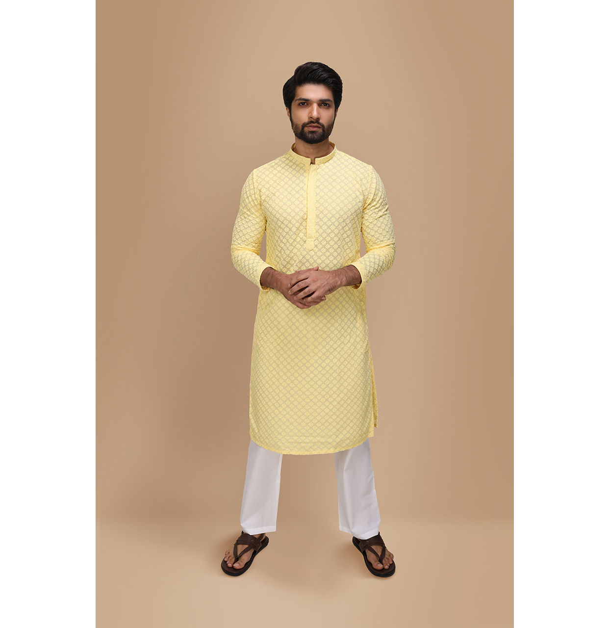 alt message - Manyavar Men Light Yellow Chikankari Kurta Set image number 1