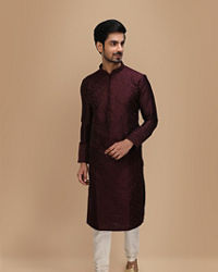 Manyavar Men Plum Thread Embroidered Kurta Set