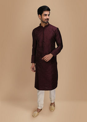 Manyavar Men Plum Thread Embroidered Kurta Set image number 1