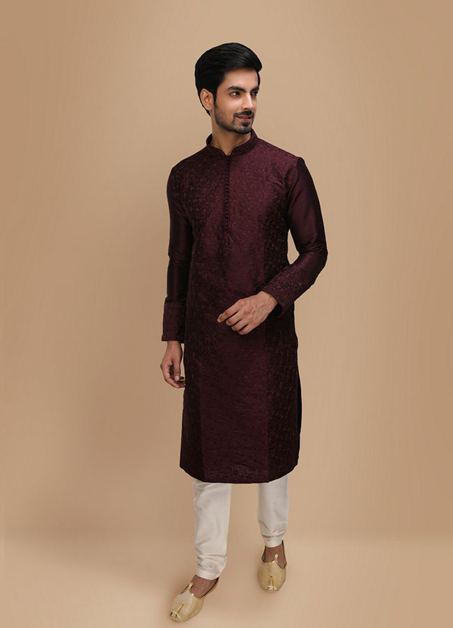 Manyavar Men Plum Thread Embroidered Kurta Set image number 1