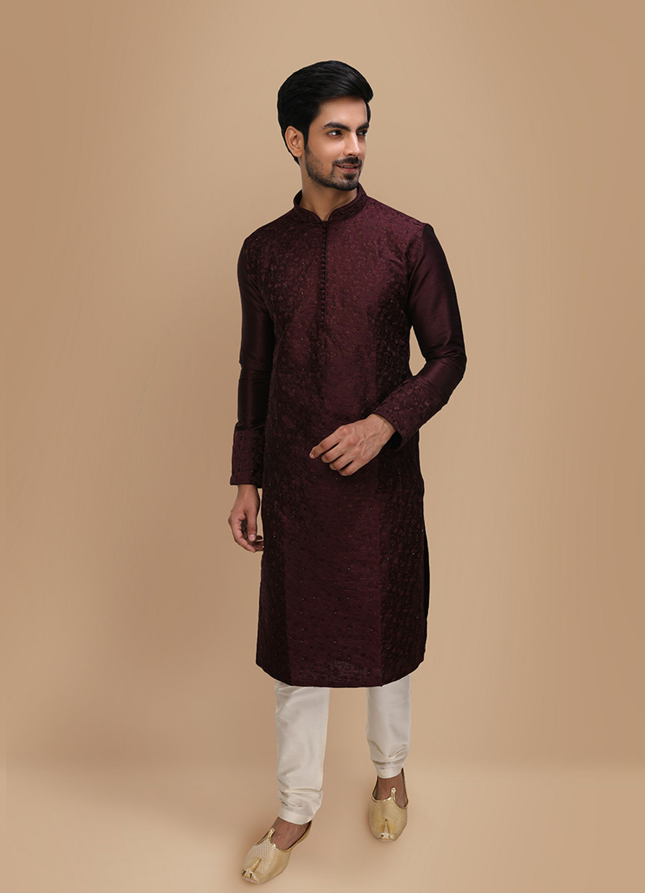 Manyavar Men Plum Thread Embroidered Kurta Set